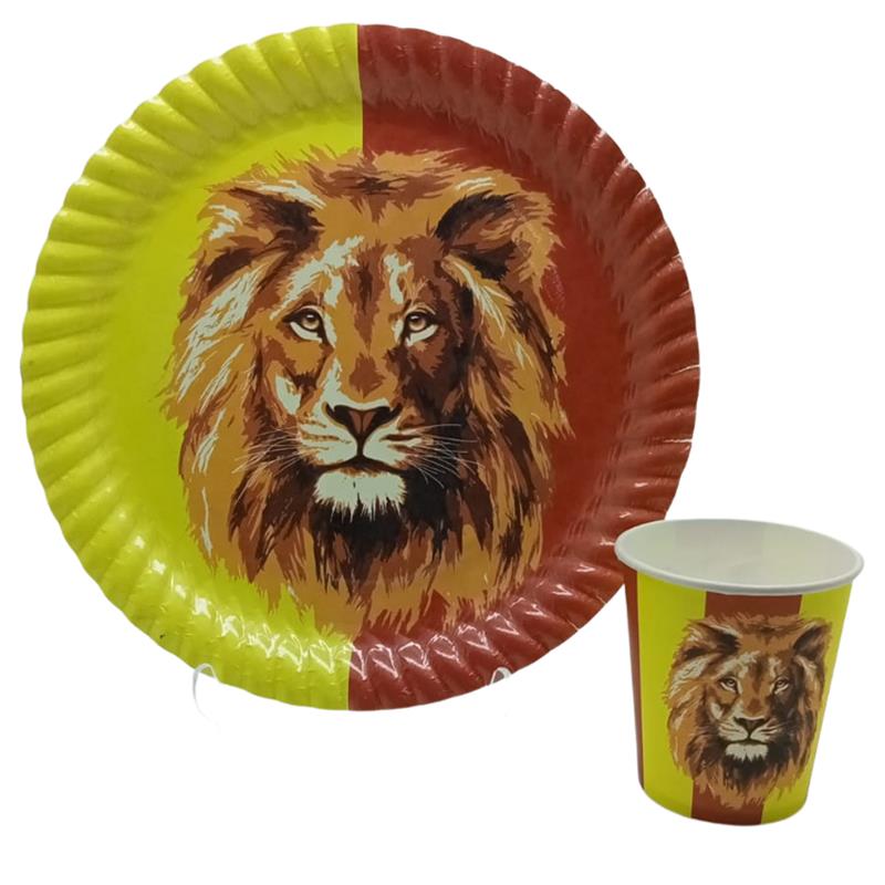 Aslan Temalı Sarı Kırmızı Tabak Bardak Seti 8'li