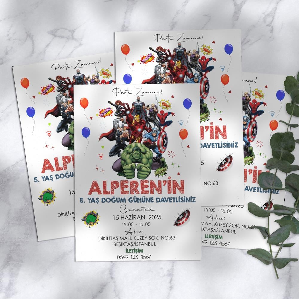 Avengers Temalı Doğum Günü Davetiyesi 8'li