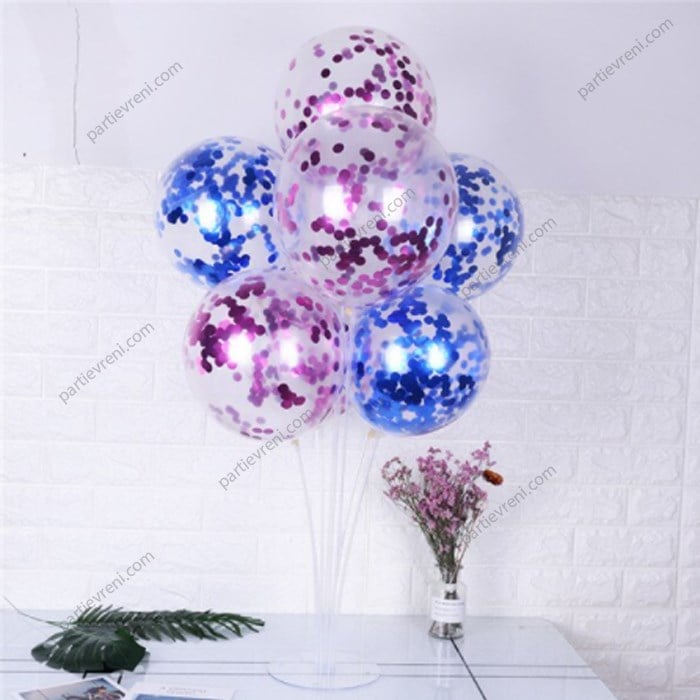 Ayaklı Balon Standı - Mavi ve Mor Konfetili Şeffaf Balonlu