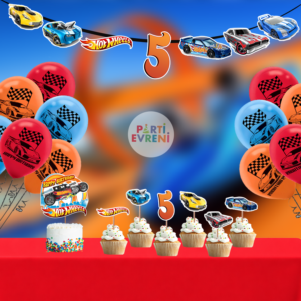 Hot Wheels Doğum Günü Seti | Yaş Seçenekli Afiş, Pasta Süsü Seti, Balon