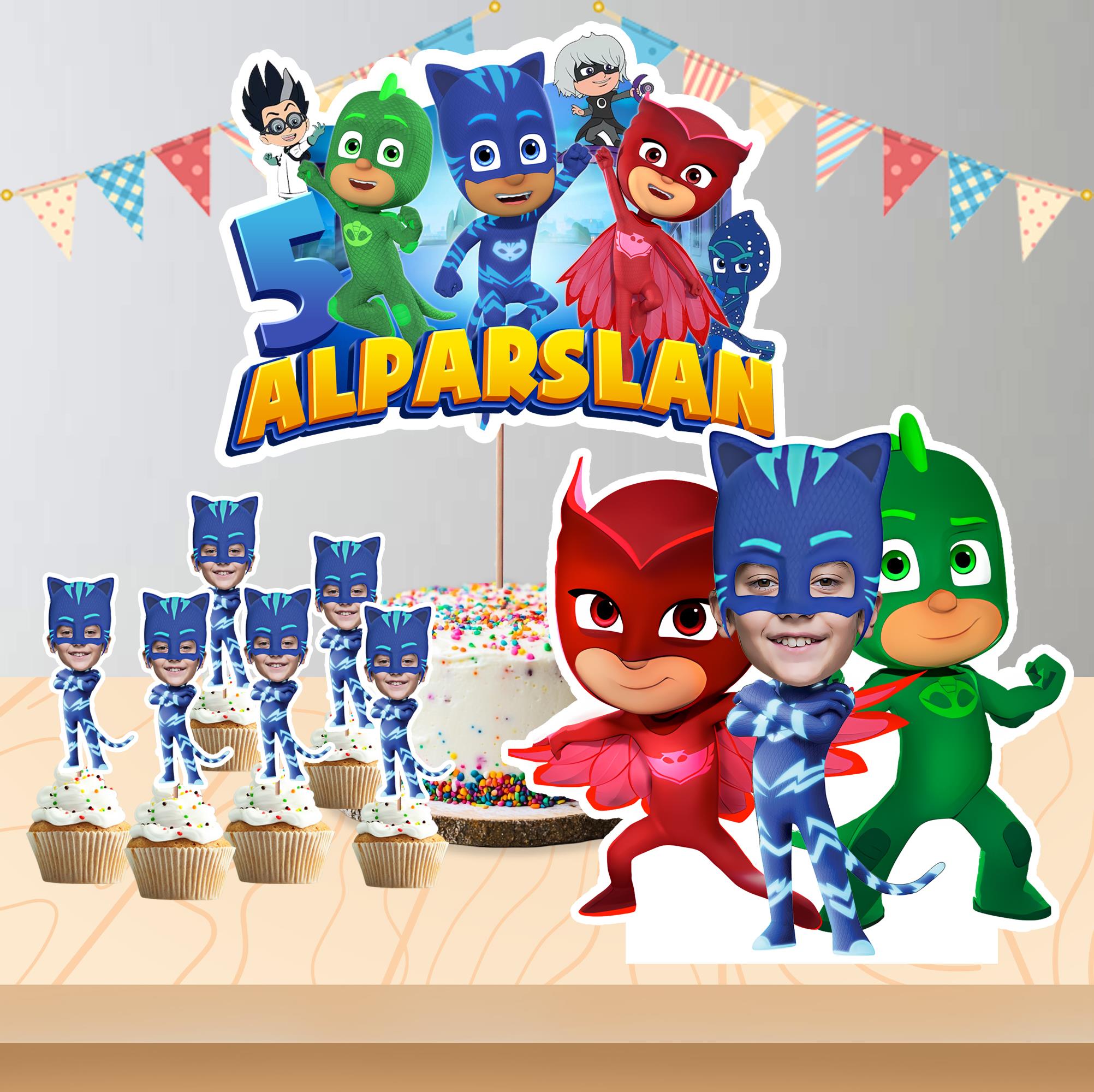 Kişiye Özel Pj Masks Temalı Pano ve Pasta Süsü Seti