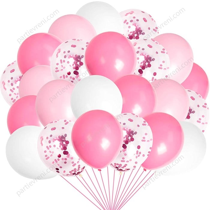 Beyaz Fuşya Pembe Konfetili Balon Seti 40 Adet