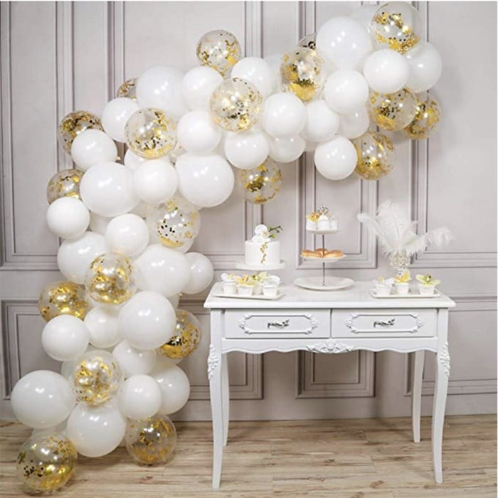 Beyaz Gold Konfetili Balon Zincir Seti 