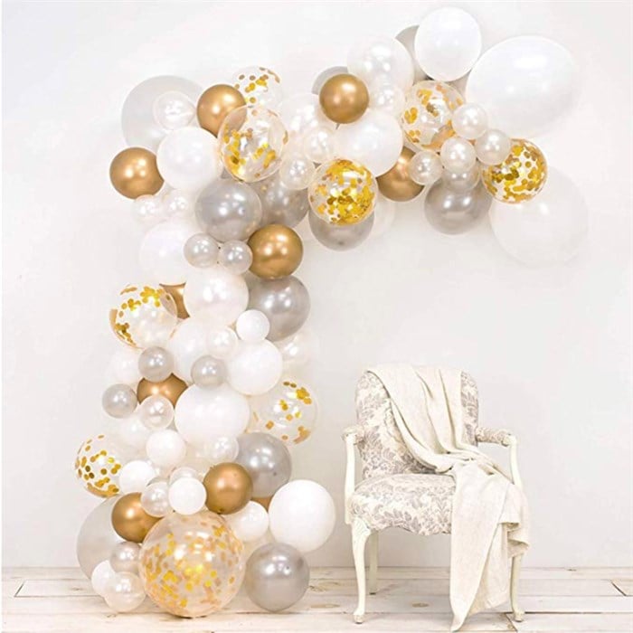 Beyaz Gümüş Krom Gold Konfetili Balon Zincir Seti 