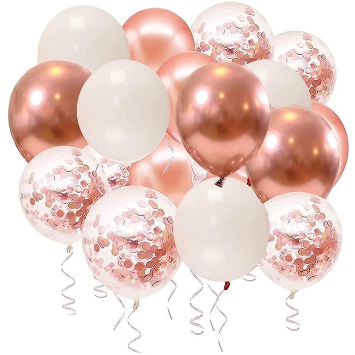 Beyaz Rose Gold Krom Konfetili Balon Seti 15 Adet