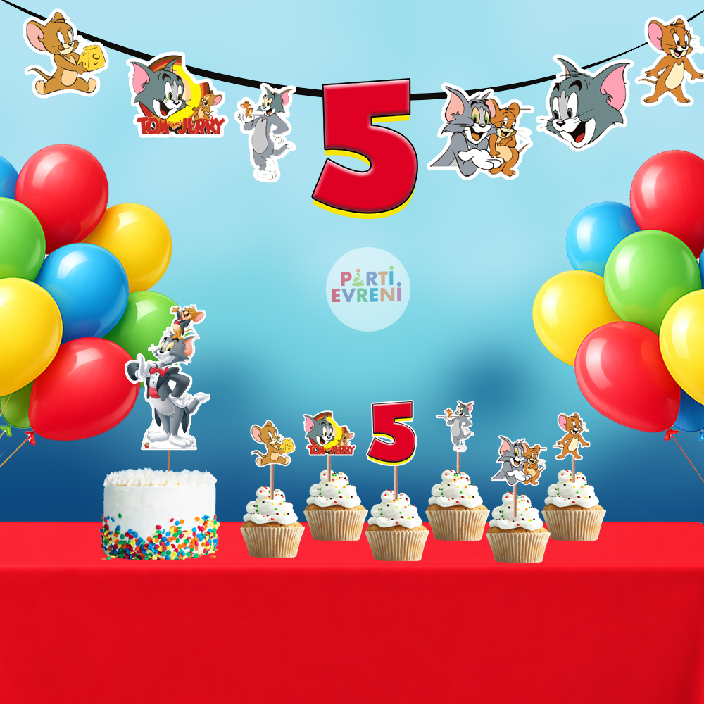 Tom ve Jerry Temalı Doğum Günü Seti | Yaş Seçenekli Afiş, Pasta Süsü Seti, Balon