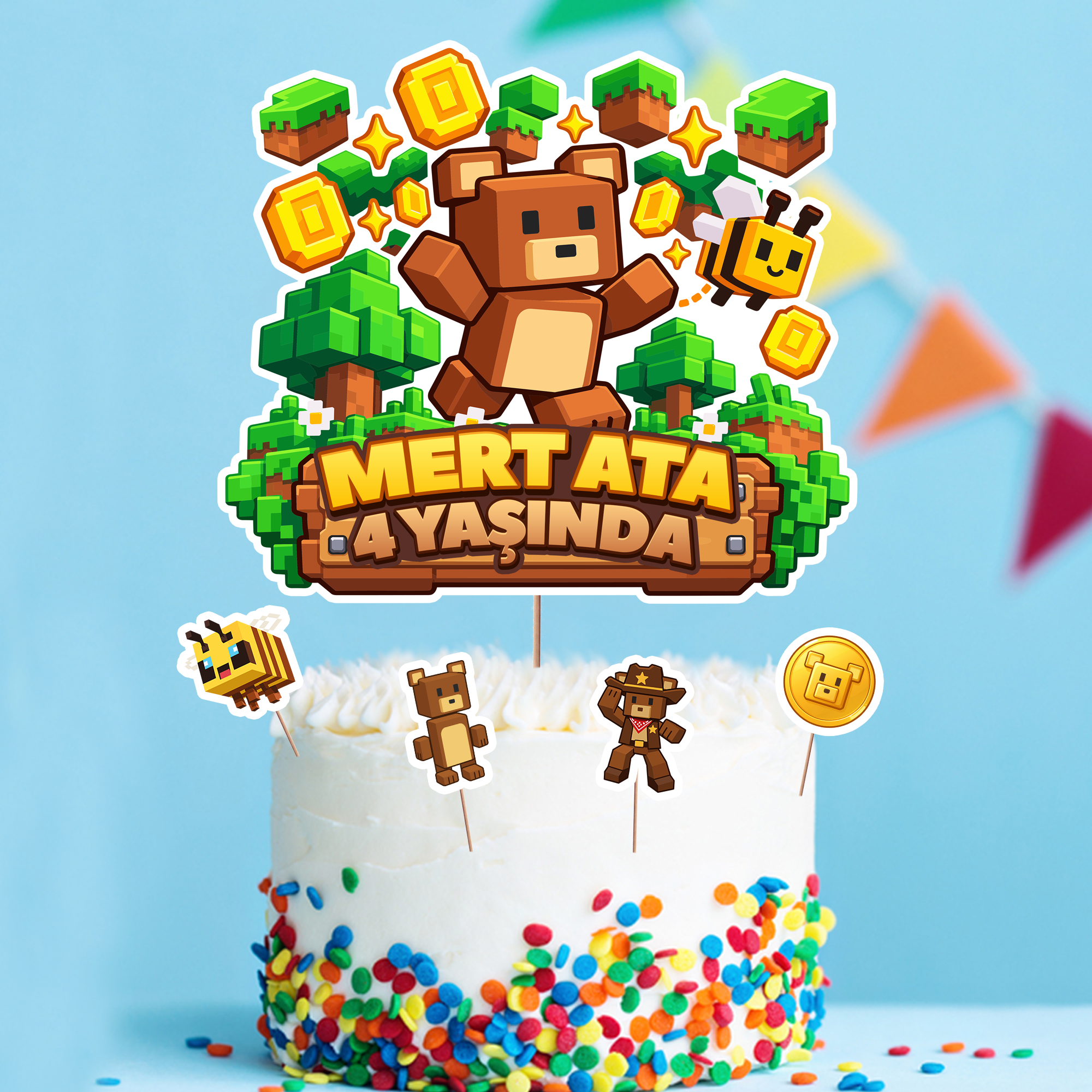 Kişiye Özel Super Adventure Bear Temalı Pasta Süsü Seti