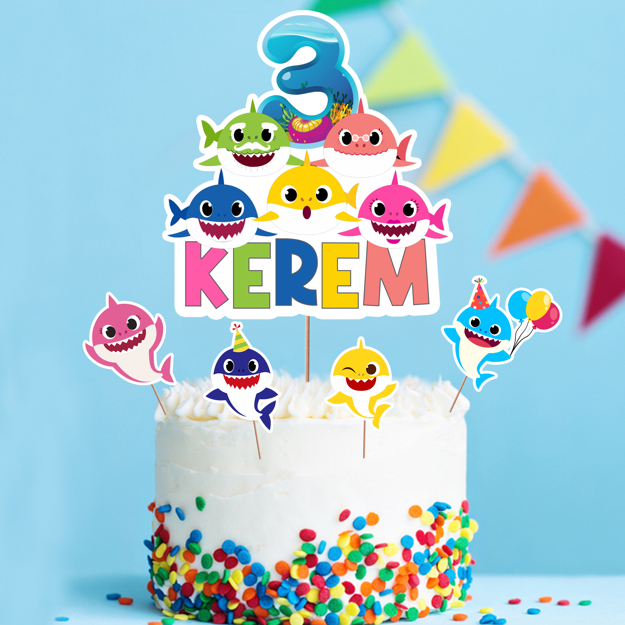 Kişiye Özel Baby Shark Temalı Pasta Süsü Seti