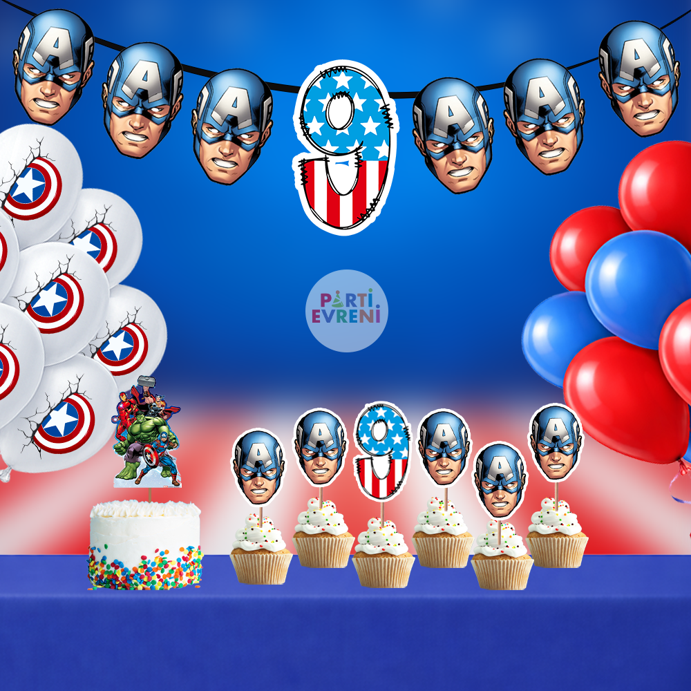 Kaptan Amerika Doğum Günü Seti | Yaş Seçenekli Afiş, Pasta Süsü Seti, Balon