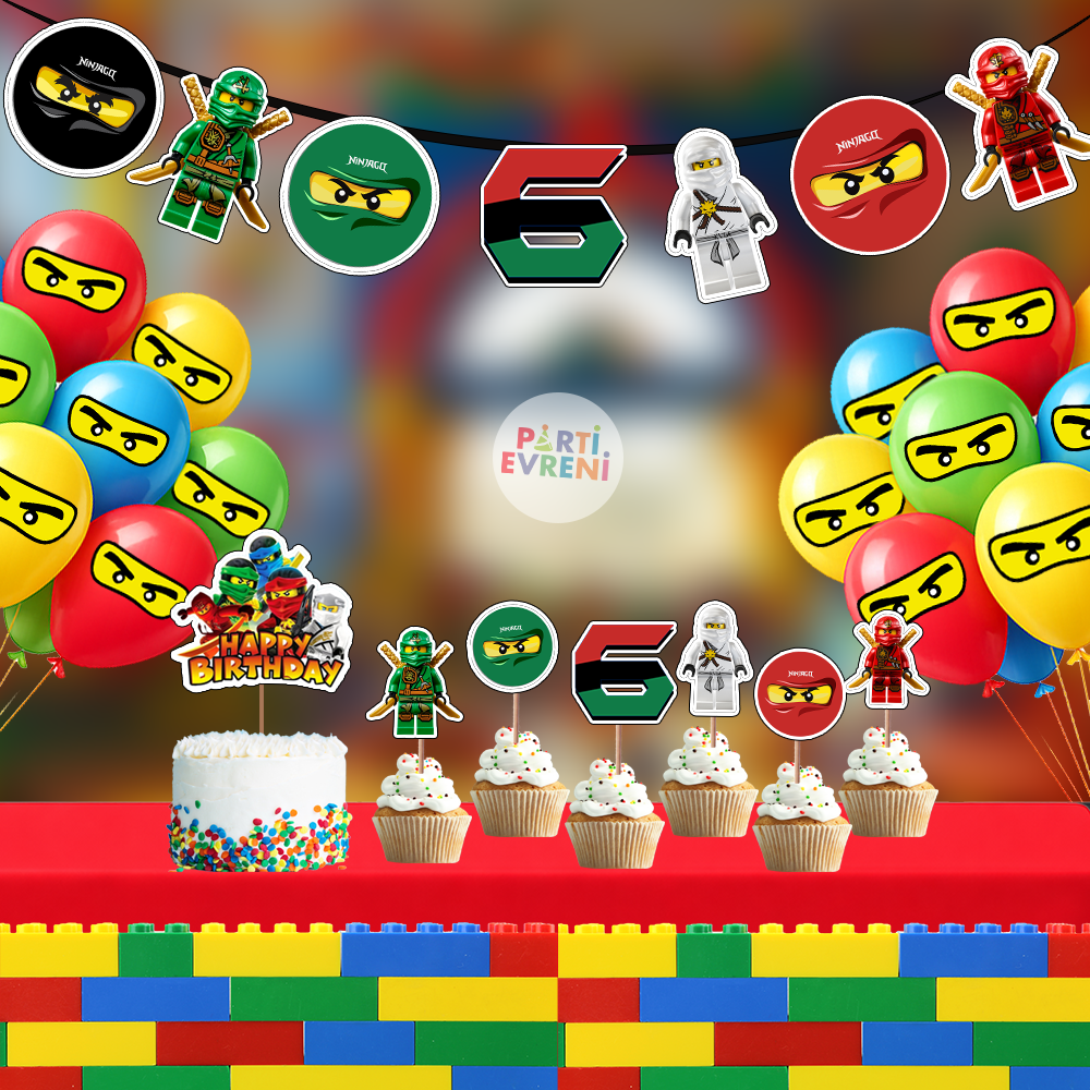 NinjaGo Doğum Günü Seti | Yaş Seçenekli Afiş, Pasta Süsü Seti, Balon