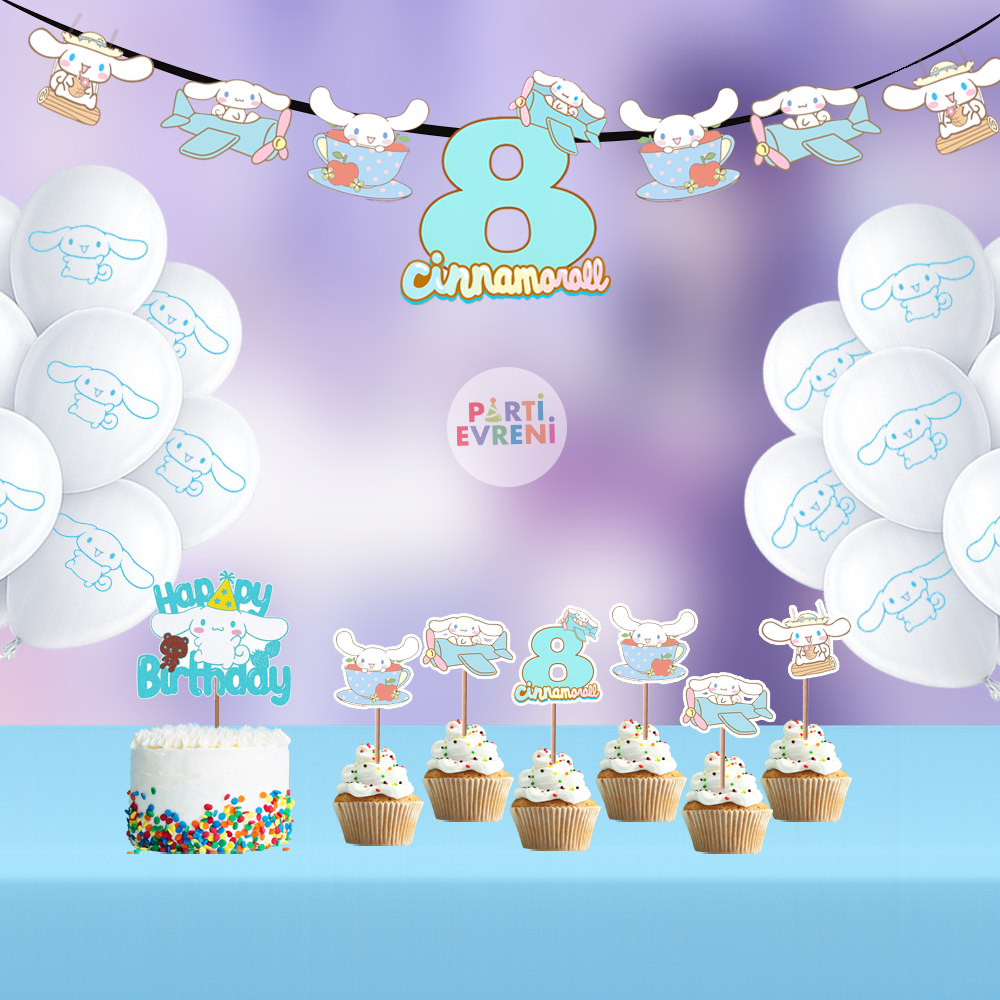 Cinnamoroll Doğum Günü Seti | Yaş Seçenekli Afiş, Pasta Süsü Seti, Balon