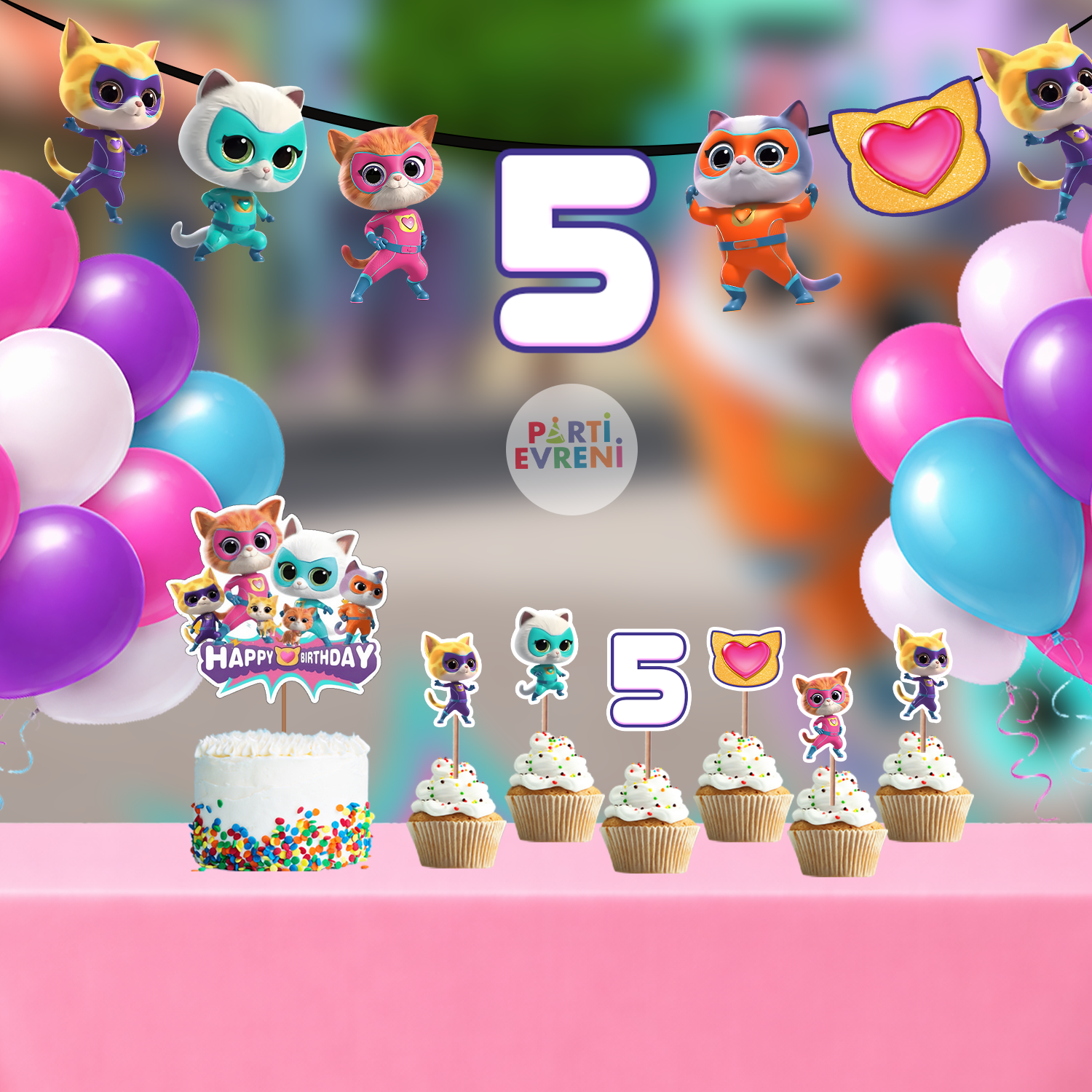  Super Kitties Temalı Doğum Günü Seti | Yaş Seçenekli Afiş, Pasta Süsü Seti, Balon