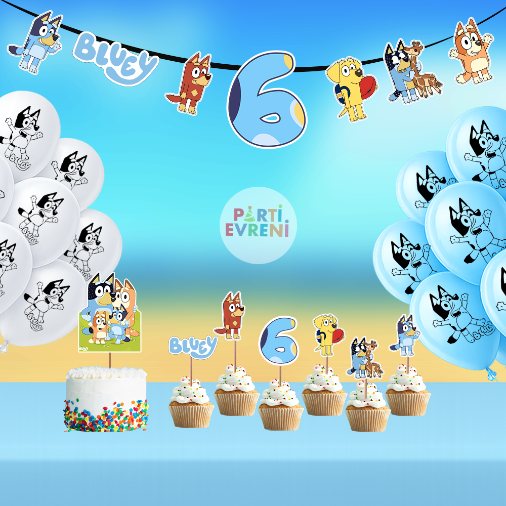 Bluey Doğum Günü Seti | Yaş Seçenekli Afiş, Pasta Süsü Seti, Balon