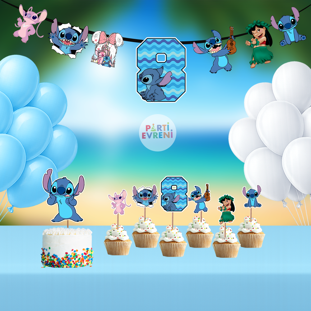 Stitch Doğum Günü Seti | Yaş Seçenekli Afiş, Pasta Süsü Seti, Balon