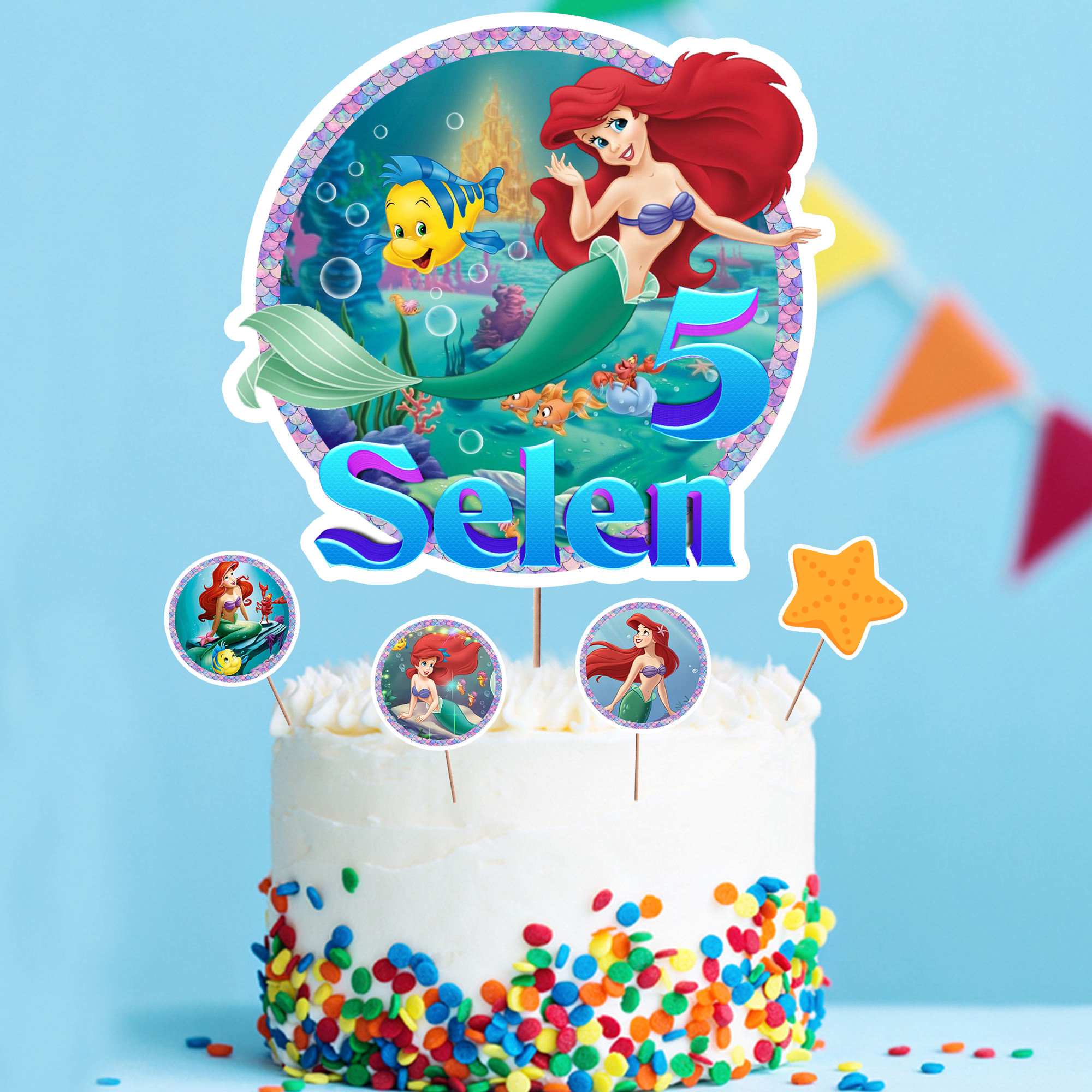Kişiye Özel Deniz Kızı Ariel Temalı Pasta Süsü Seti