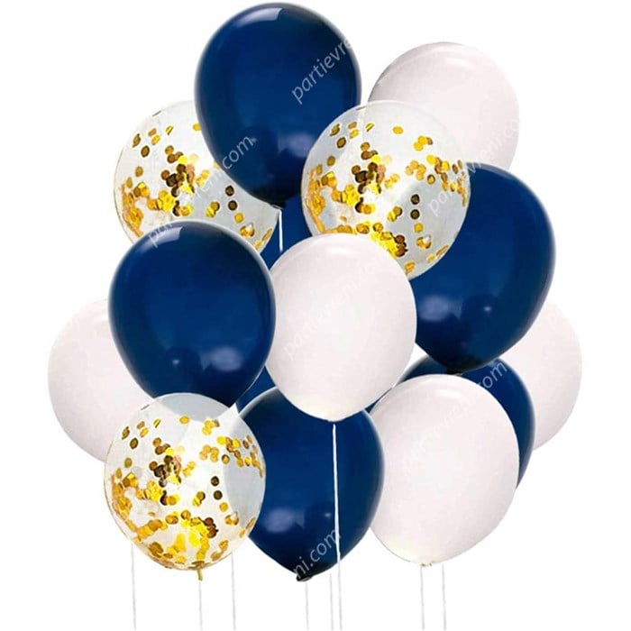 Gece Mavisi Beyaz Gold Konfetili Balon Seti 15 Adet