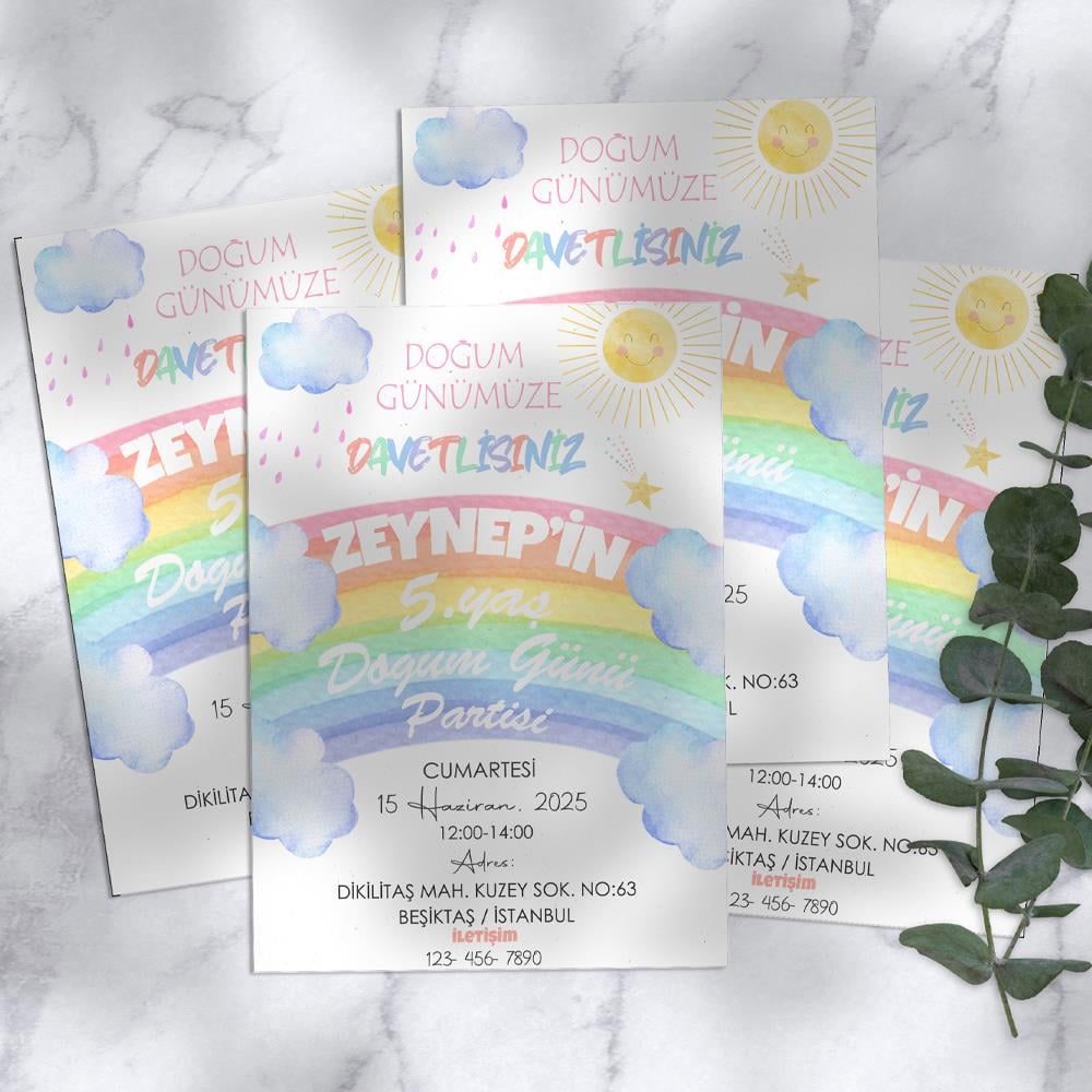 Gökkuşağı Temalı Doğum Günü Davetiyesi 8'li