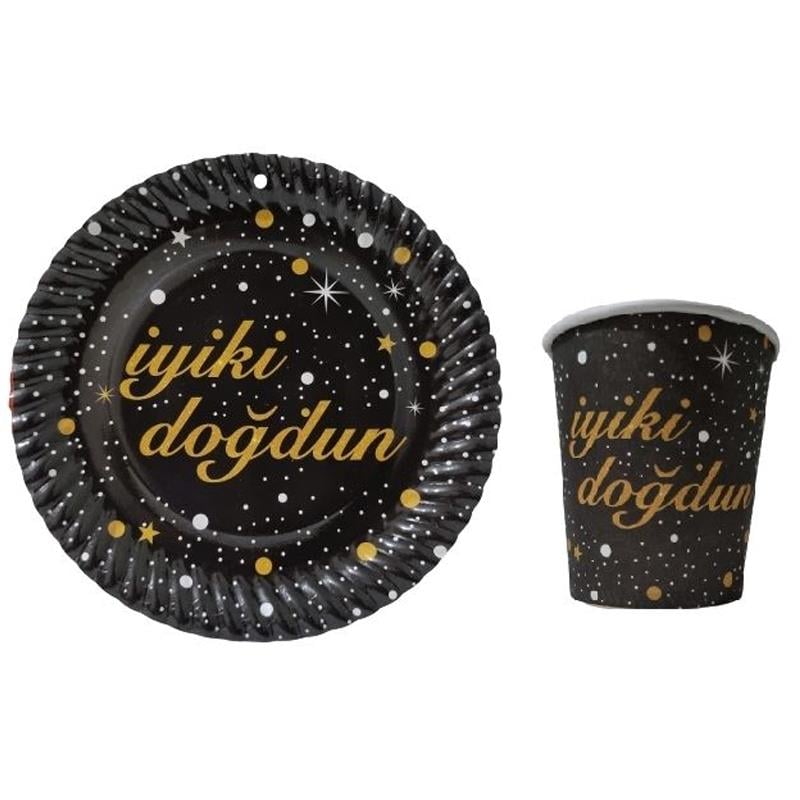 Gold Işıltılı Siyah İyi ki Doğdun Tabak Bardak Seti 8 Adet