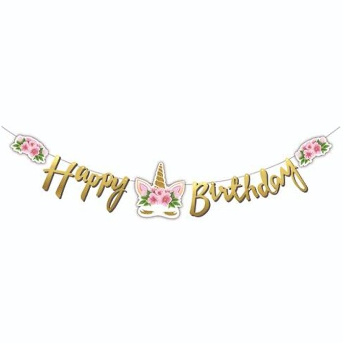 Gold Kaligrafi Unicorn Çiçekli Happy Birthday Banner