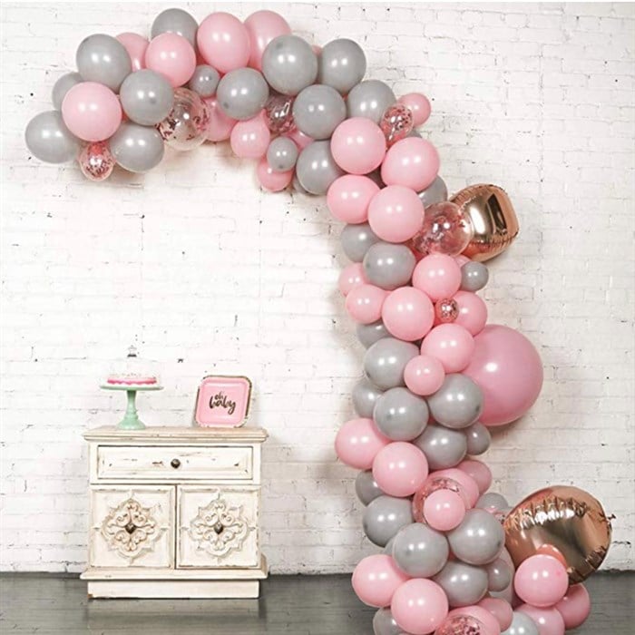 Gri Pembe Rose Konfetili Balon Zincir Seti 