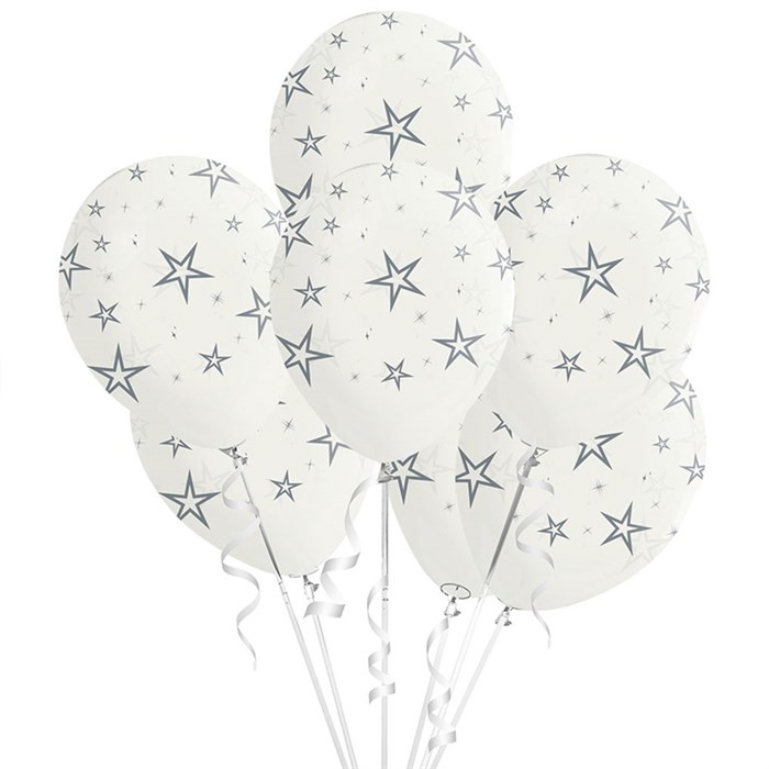 Gümüş Yıldızlar Baskılı Şeffaf Lateks Balon - 10 Adet
