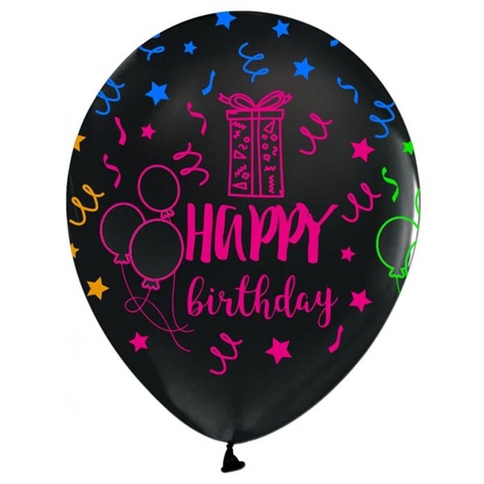 Happy Birthday Baskılı Renkli Siyah Balon 10 Adet
