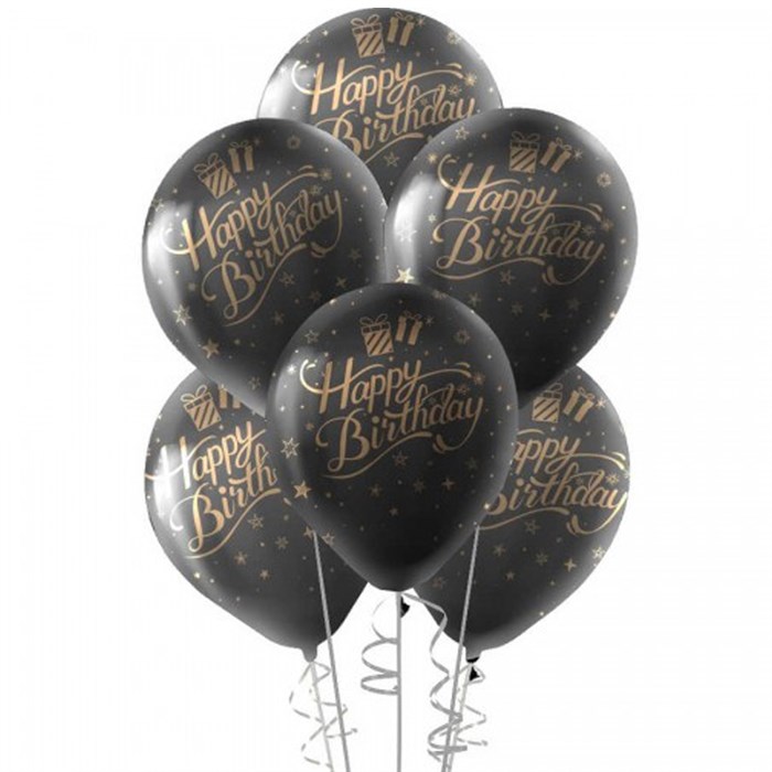 Happy Birthday Baskılı Siyah Lateks Balon 10 Adet