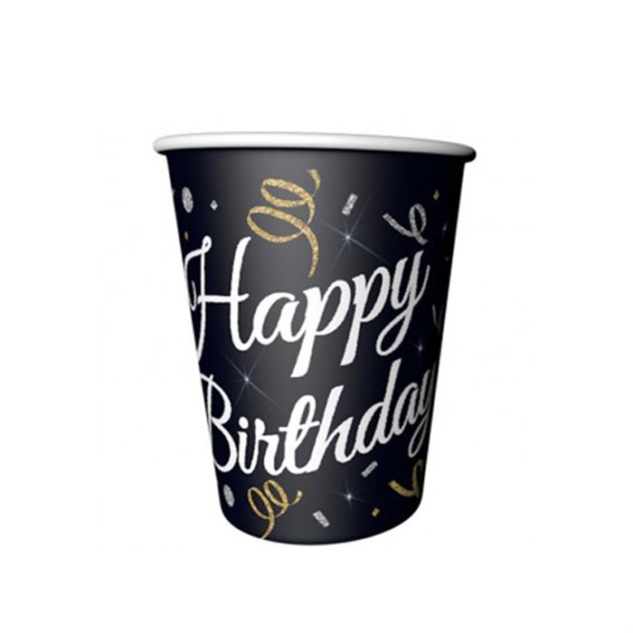 Happy Birthday Temalı Siyah Bardak 8 Adet