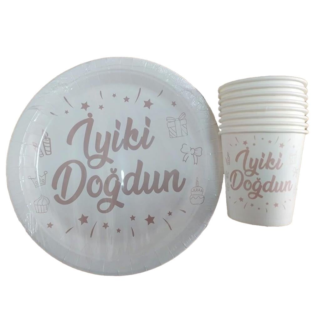 İyi ki Doğdun Temalı Beyaz Karton Tabak ve Bardak Seti 8 Adet