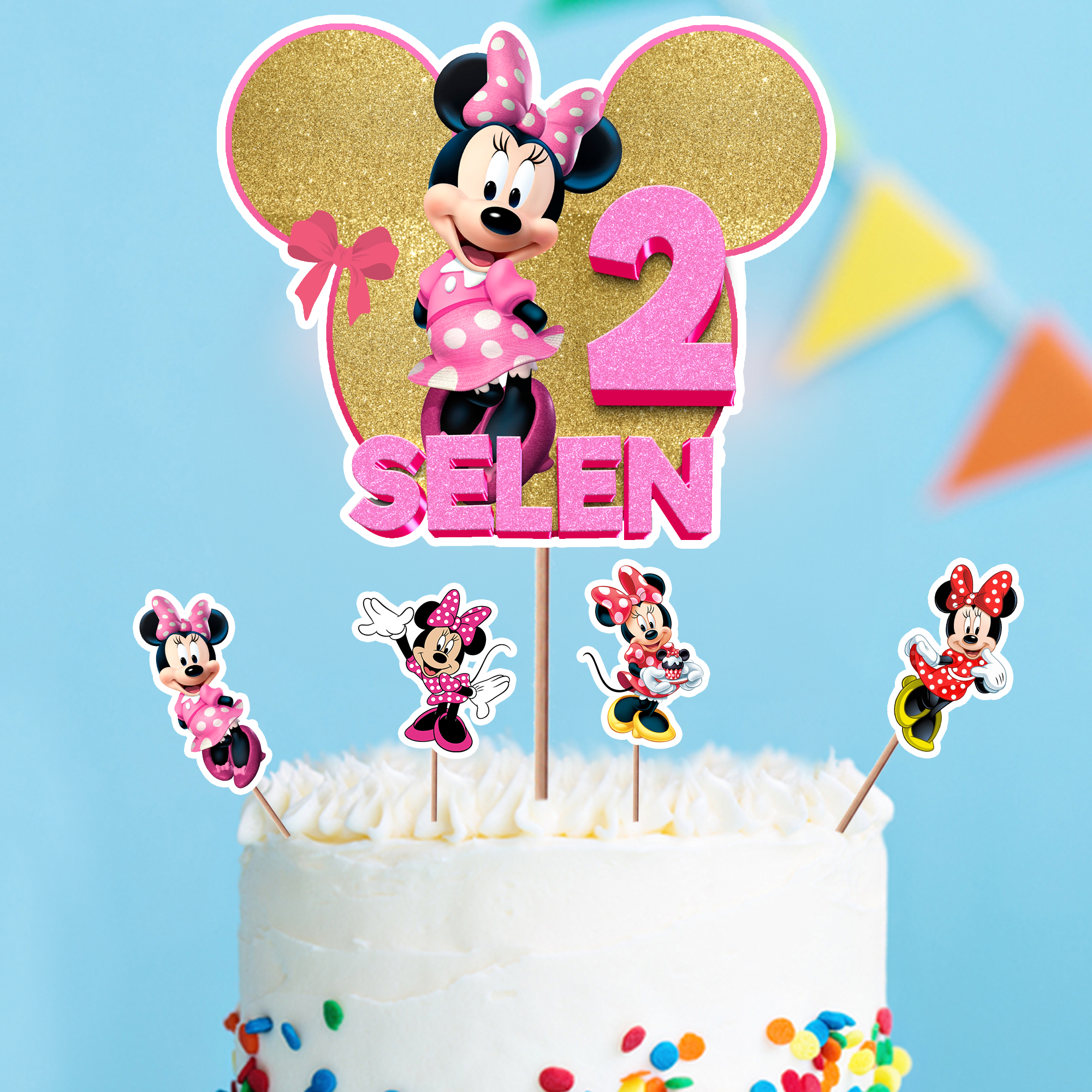 Kişiye Özel Minnie Mouse Temalı Pasta Süsü Seti