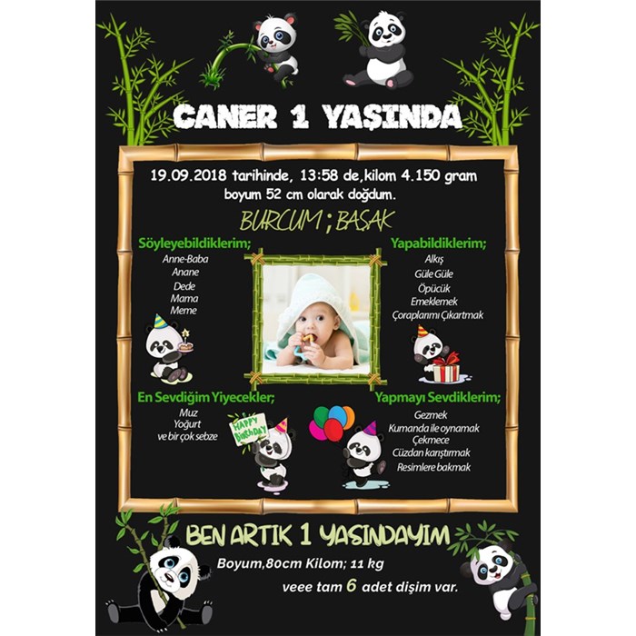 Kişiye Özel Panda Doğum Günü Afişi - 70 cm - 100 cm