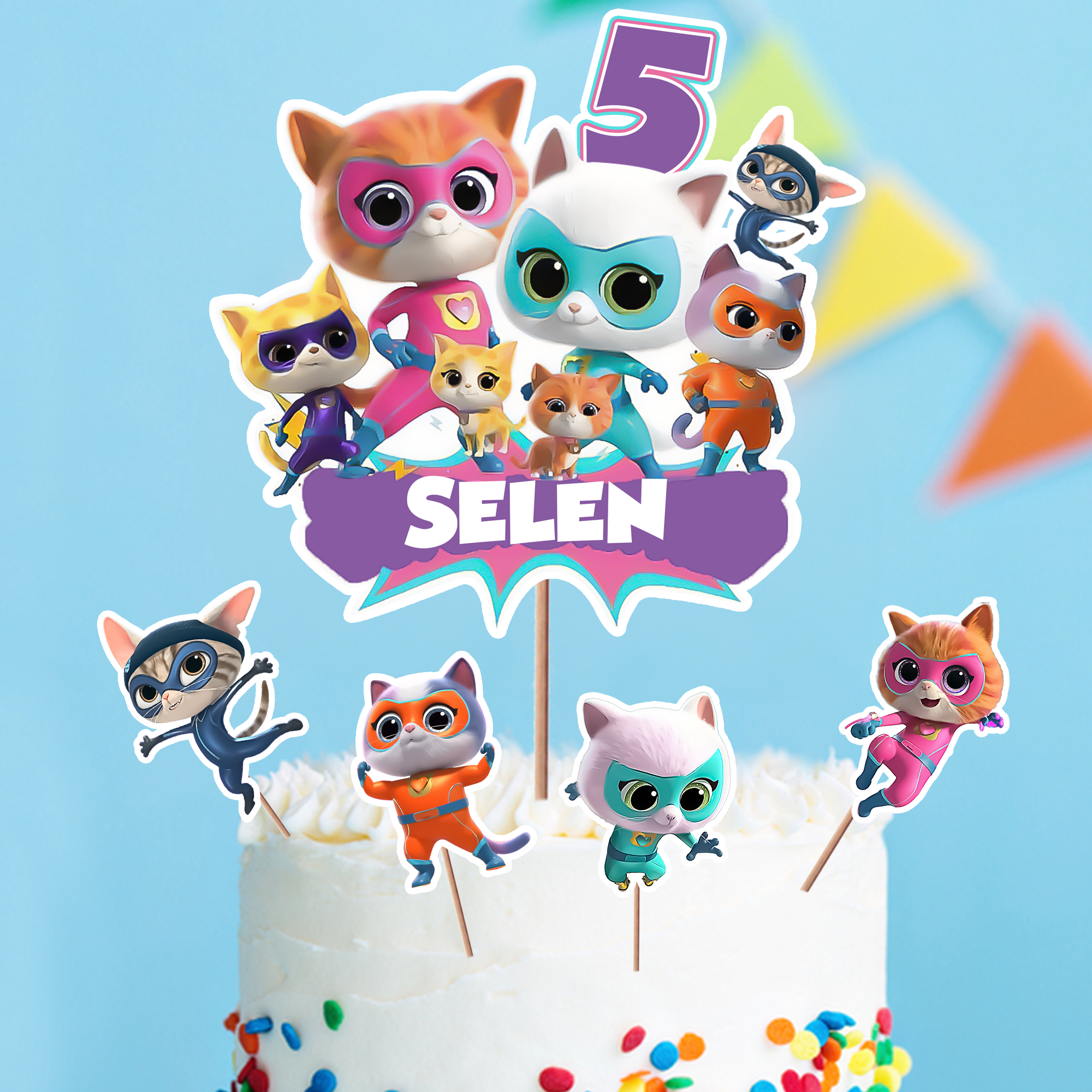 Kişiye Özel Super Kitties Temalı Pasta Süsü Seti