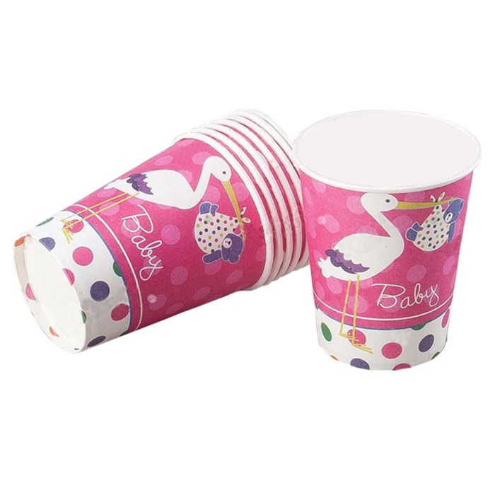 Leylek Temalı Pembe Karton Bardak 8 adet