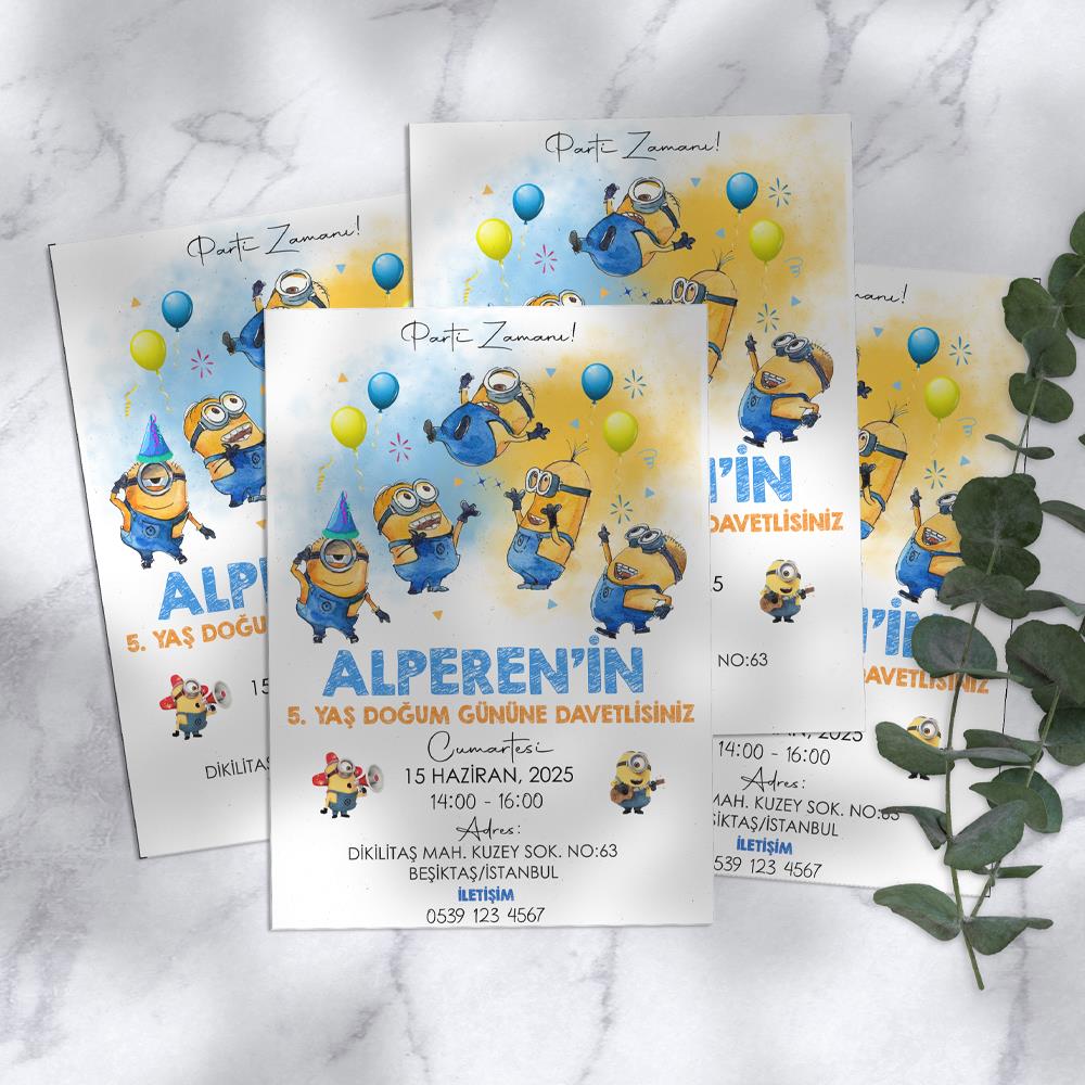 Minions Temalı Doğum Günü Davetiyesi 8'li