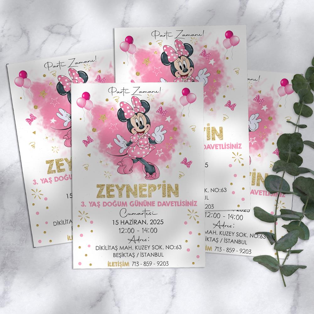 Minnie Mouse Temalı Doğum Günü Davetiyesi 8'li