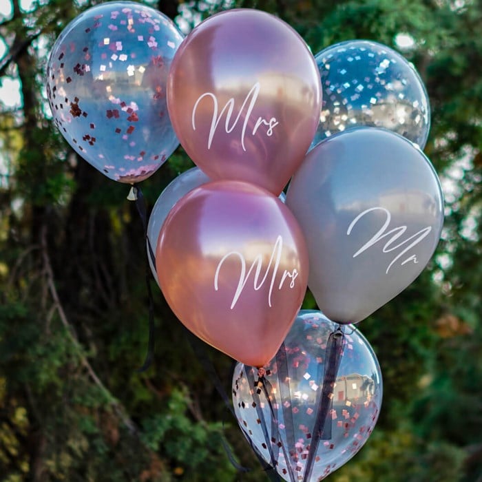 Mr & Mrs Baskılı Balon Gri ve Rose Gold - 10 Adet