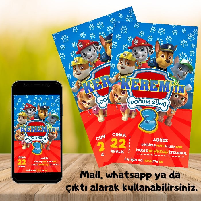 Paw Patrol Konsepti Kişiye Özel Dijital Davetiye