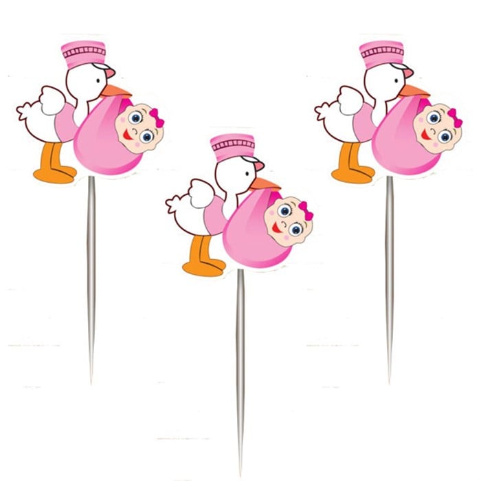 Pembe Leylek Temalı Kürdan Süs 20 Adet