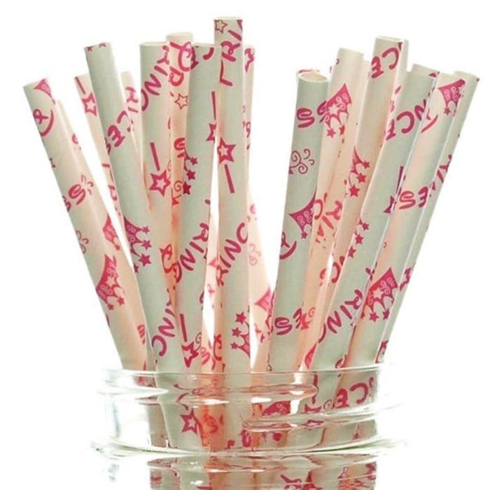 Prenses Yazılı Pembe Pipet - 25 Adet