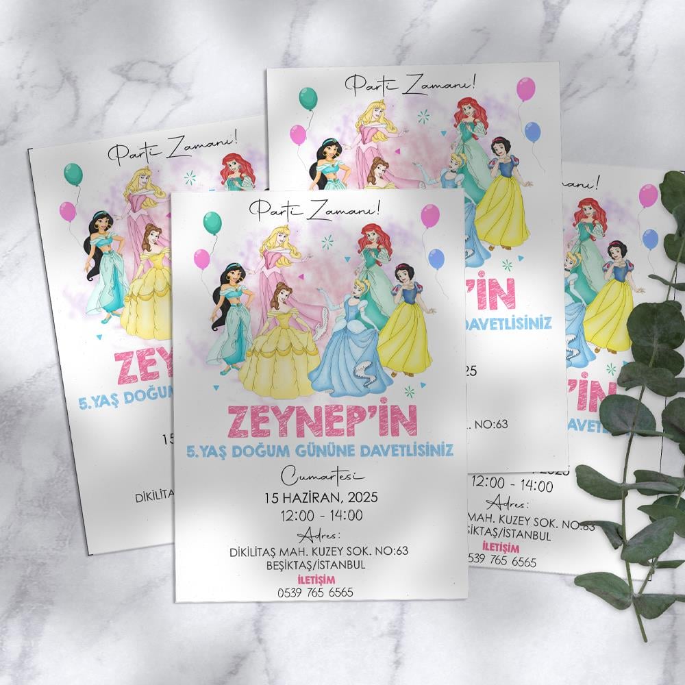 Prensesler Temalı Doğum Günü Davetiyesi 8'li