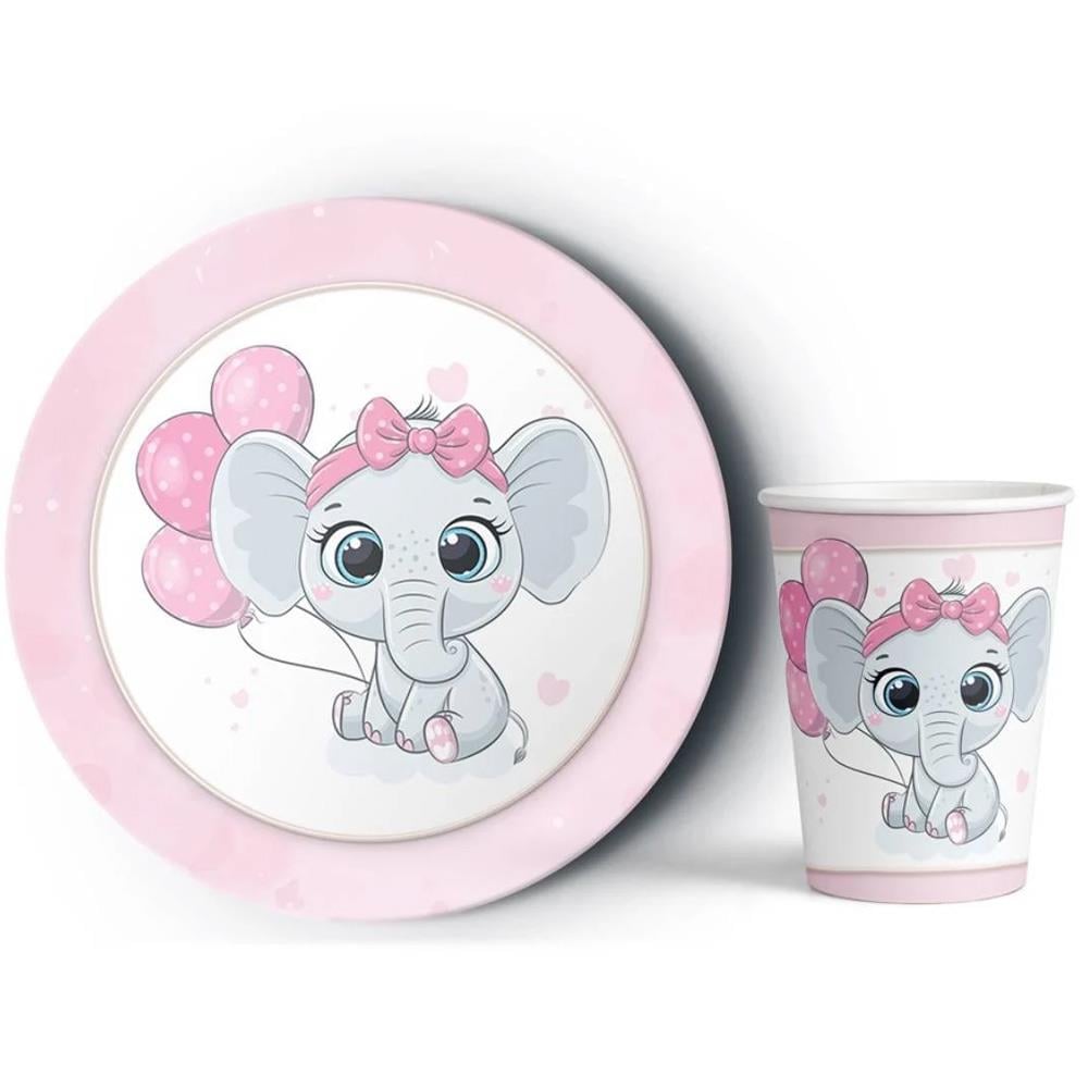 Sevimli Fil Temalı Pembe Tabak Bardak Seti