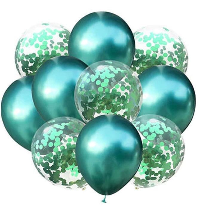 Yeşil Konfetili Krom Parlak Balon Seti 10 Adet