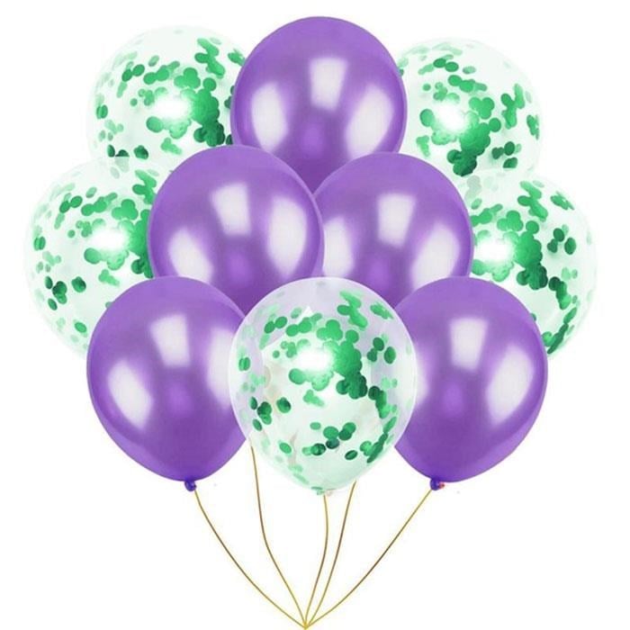 Yeşil Konfetili Mor Metalik Balon Seti 10 Adet
