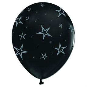 Gümüş Yıldızlar Baskılı Siyah Lateks Balon 10 Adet