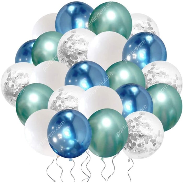 Yeşil Mavi Krom Beyaz Gümüş Konfetili Balon Seti 20 Adet
