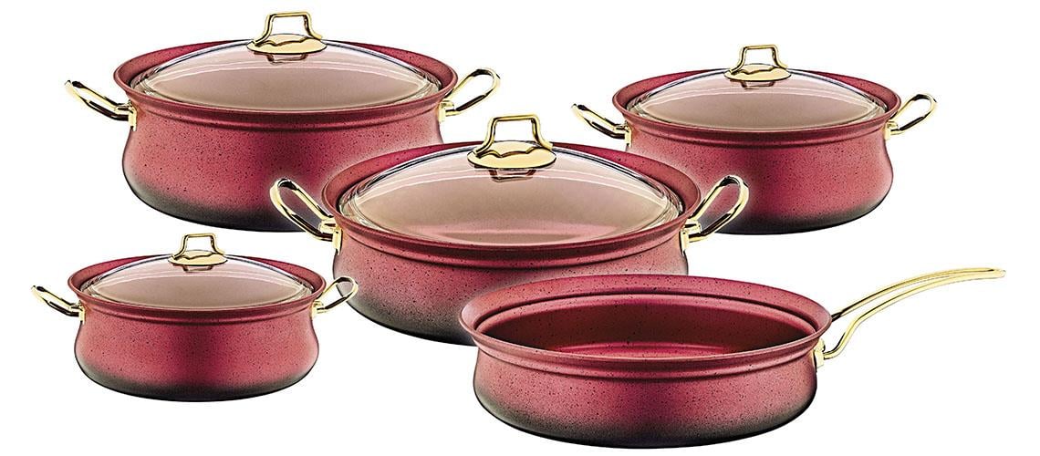 Oms 3045 Granit 9 Parça Bakraç Tencere Seti KırmızıTencere Setleri