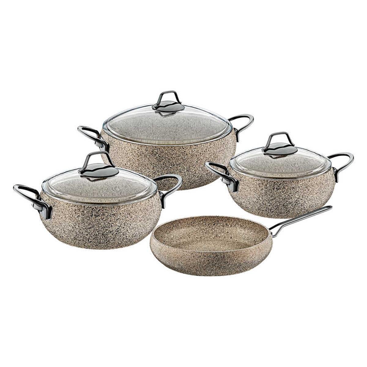 Oms 7 Pcs Granit Sandstorm Kure Tencere Set Cam KapakTencere Setleri