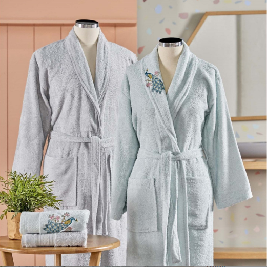 Taç Soft Bamboo Ai̇le Seti̇ Anna Mint Gri̇Bornoz ve Setleri