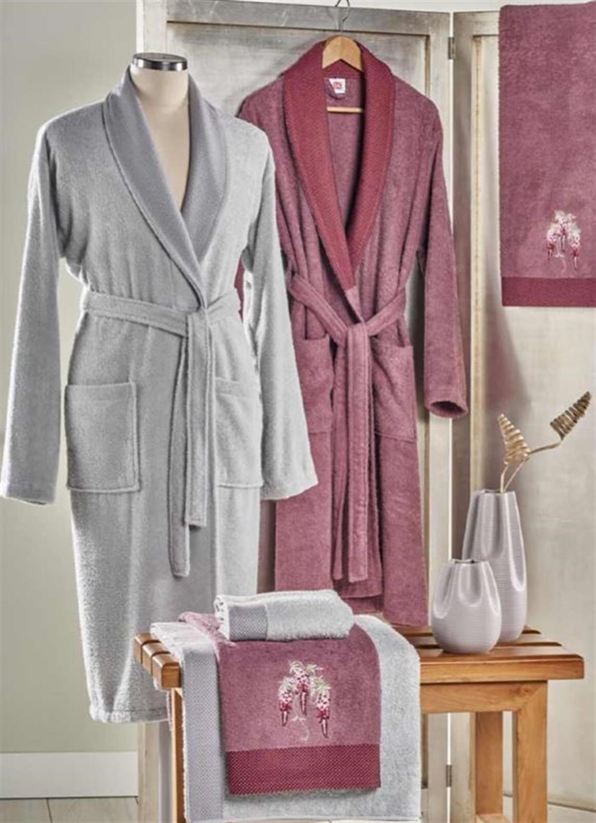 Taç Soft Bamboo Aile Seti Perla Mürdüm GriBornoz ve Setleri