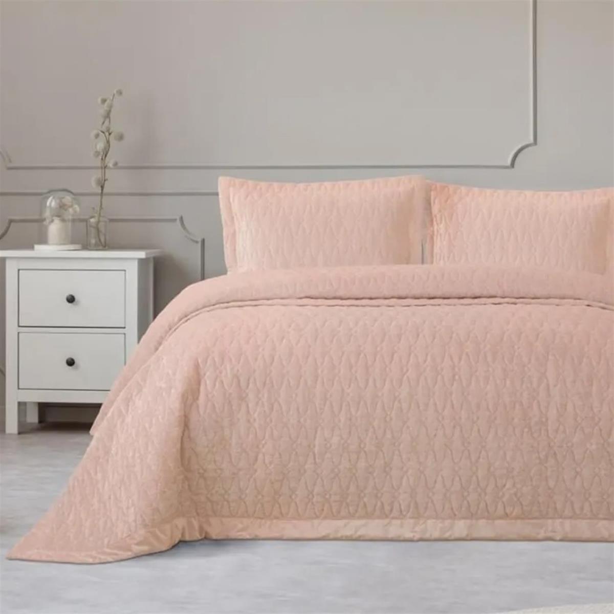 Özdilek Yatak Örtüsü Nakışlı Kadife Art Deco Pudra 240X250Çift Kişilik Yatak Örtüsü